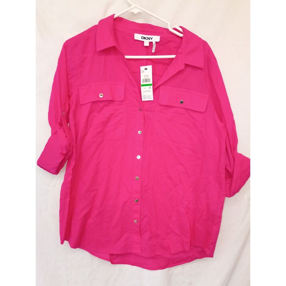 NWT DKNY Hot Pink Roll Tab Sleeve Button Down Utility Blouse y2k pop large